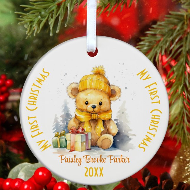 Ornamento De Cerâmica Meu Primeiro Nome Personalizado de Natal - Urso Am (Criador carregado)