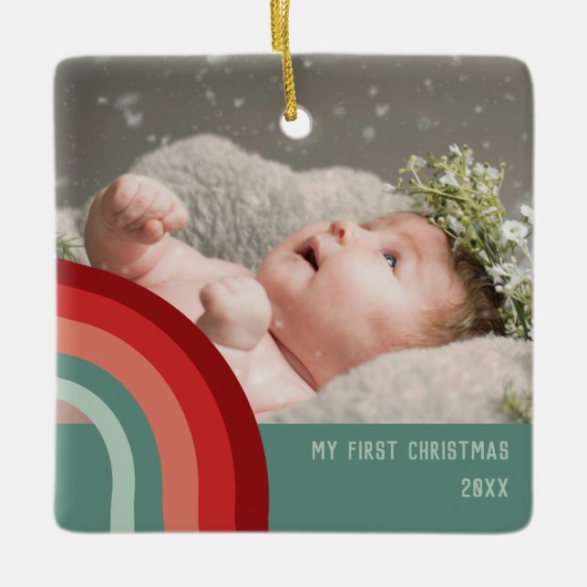 Ornamento De Cerâmica Meu Primeiro Retrato de Groovy de Natal (Frente)