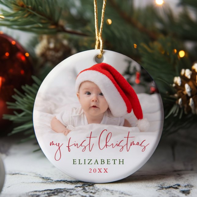 Ornamento De Cerâmica Meu Primeiro Script de Natal, Baby Photo Keepsawn (My First Christmas Script Baby Photo Keepsake Ceramic Ornament)