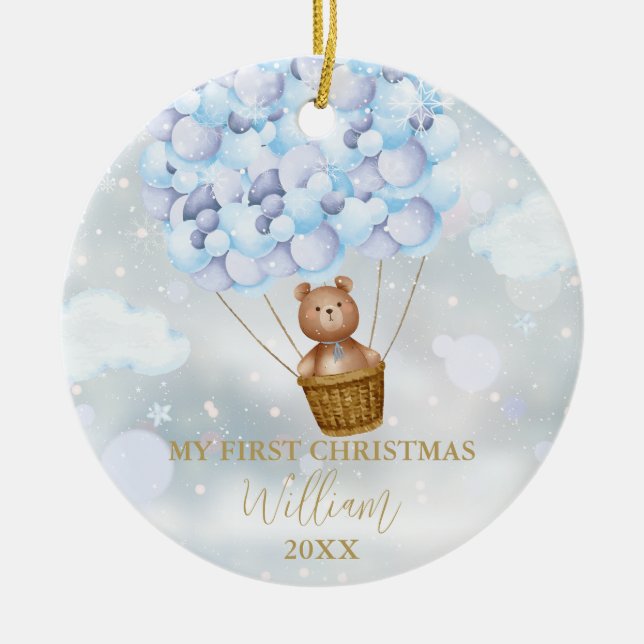 Ornamento De Cerâmica Meu Primeiro Urso de Pelúcia de Natal Balões Azuis (Frente)