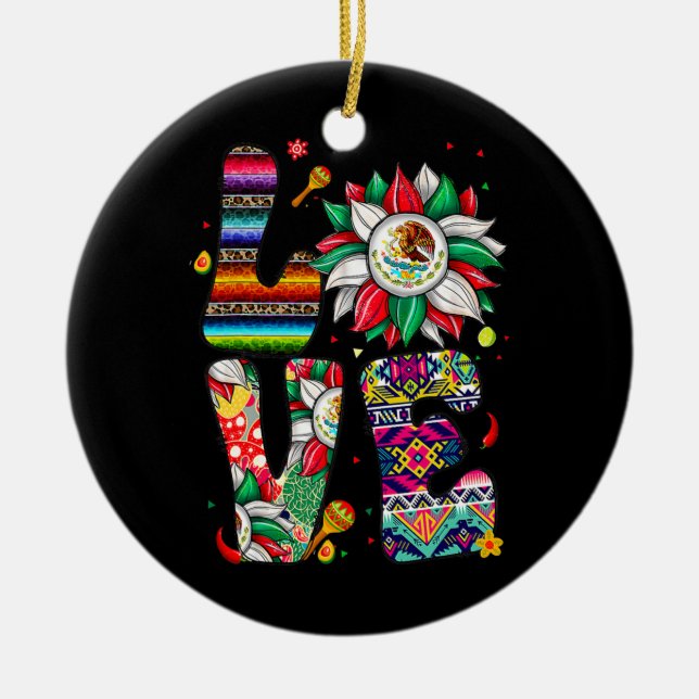 Ornamento De Cerâmica México: Amor De Girassol Com Bandeira Mexicana (Frente)