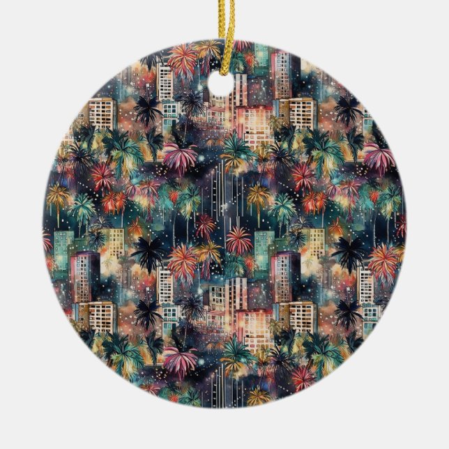 Ornamento De Cerâmica Miami no Natal e Ano Novo em Aquarelas (Frente)