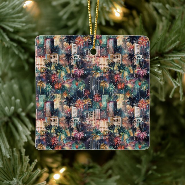 Ornamento De Cerâmica Miami no Natal e Ano Novo em Aquarelas (Árvore)