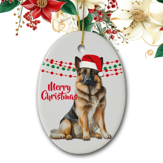 Ornamento De Cerâmica Miçangas de Feriado Santa Hat do Cão german shephe (Criador carregado)