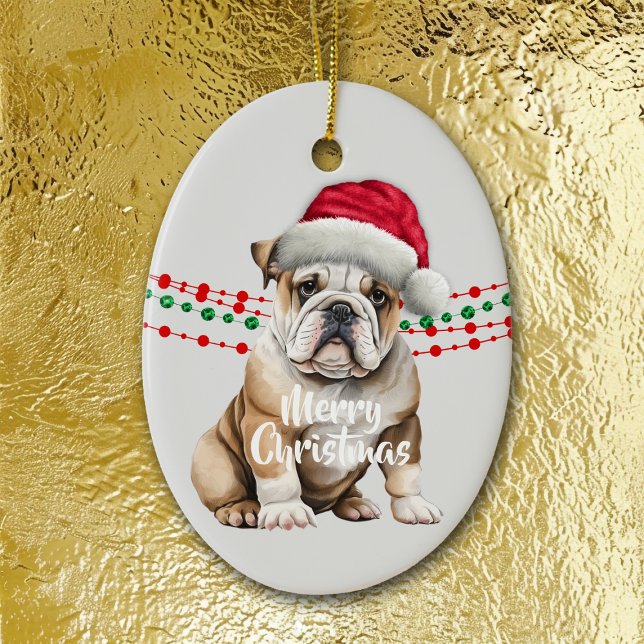 Ornamento De Cerâmica Miçangas de Natal do Bulldog Santa Hat (Criador carregado)