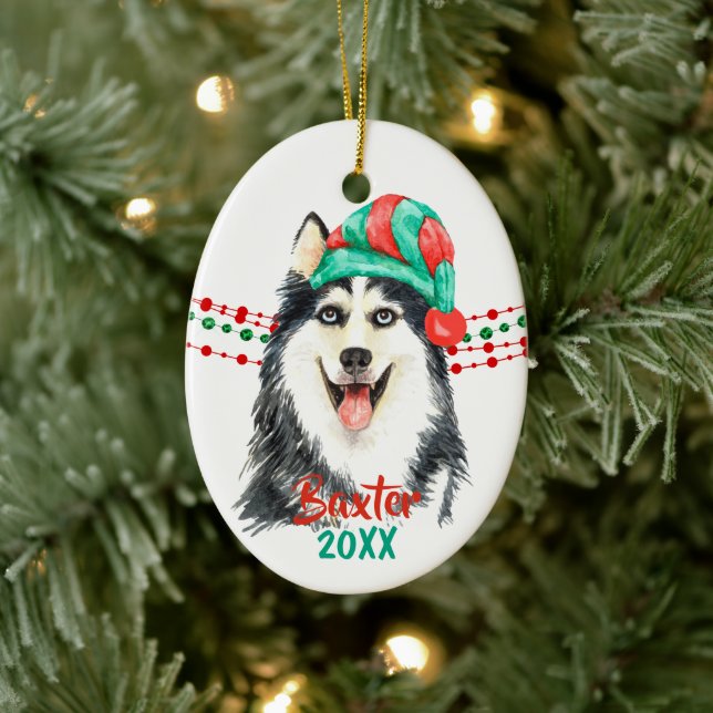 Ornamento De Cerâmica Miçangas Siberian Husky Santa Hat Holiday String (Árvore)