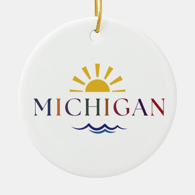 Ornamento De Cerâmica Michigan Rainbow Sun e Waves Ornament (Frente)