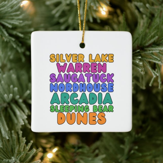 Ornamento De Cerâmica Michigan Sand Dunes Rainbow Bubble Letter Ornament (Árvore)