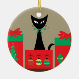 Ornamento De Cerâmica Mid Century Christmas Cat in Box