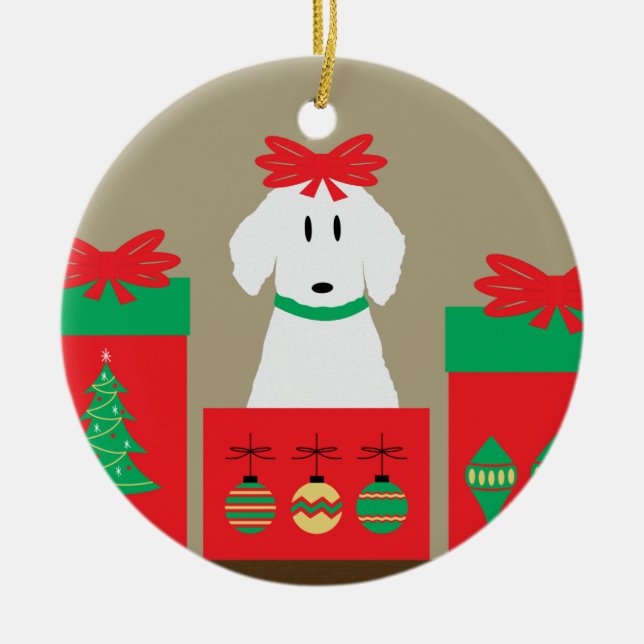 Ornamento De Cerâmica Mid Century Christmas Dog in Box (Frente)