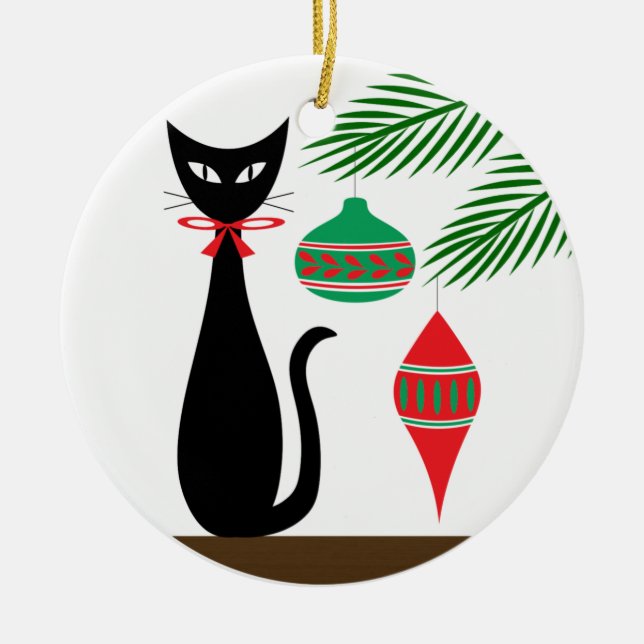 Ornamento De Cerâmica Mid Century Holiday Cat with Ornaments (Frente)