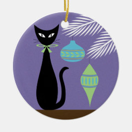 Ornamento De Cerâmica Mid Century Holiday Cat with Ornaments 2