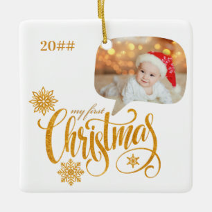 Ornamento De Cerâmica Minha Primeira Bolha de Fala de Natal Foto de Bebê