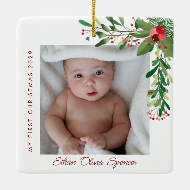 Ornamento De Cerâmica Minha primeira foto de bebê de Natal (Verso)