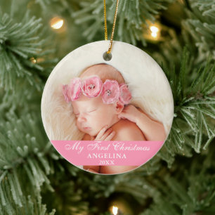 Ornamento De Cerâmica Minha primeira foto de bebê de Natal rosa