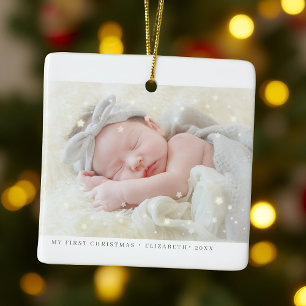 Ornamento De Cerâmica Minha Primeira Foto De Garota Moderna De Natal
