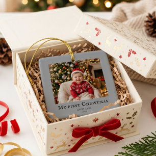 Ornamento De Cerâmica Minha primeira foto de Natal bebê Cinza