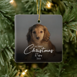 Ornamento De Cerâmica Minha Primeira Foto de Natal do Pet com Letra Eleg