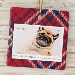 Ornamento De Cerâmica Minha primeira foto de Natal para a Xadrez domésti<br><div class="desc">Este design simples e clássico é composto por tipografia serif e adiciona uma foto personalizada de animal de estimação. "Meu Primeiro Natal em minha casa eterna" adoraria o design.</div>