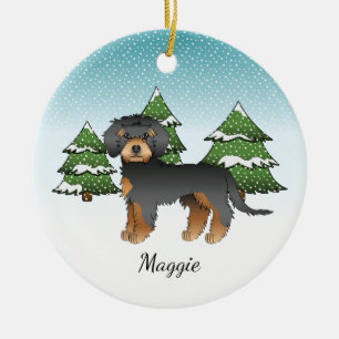 Ornamento De Cerâmica Mini Goldendoodle Preto E Tano - Floresta De Inver