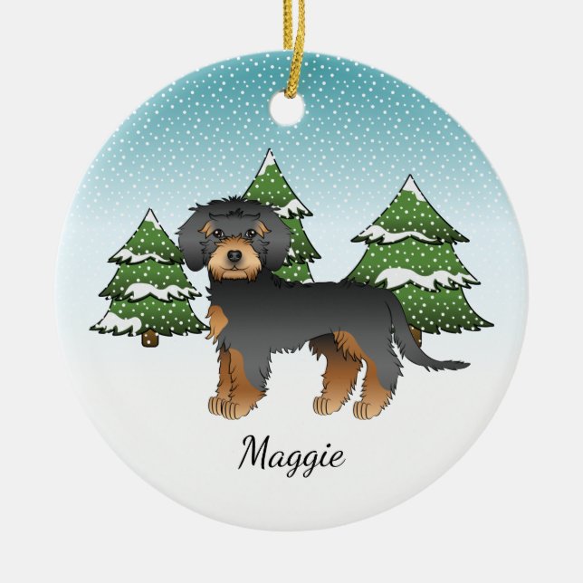 Ornamento De Cerâmica Mini Goldendoodle Preto E Tano - Floresta De Inver (Frente)