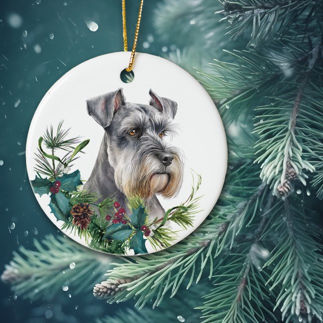 Ornamento De Cerâmica Miniatura Schnauzer Cachorro Retrato Holly Wreath (Criador carregado)