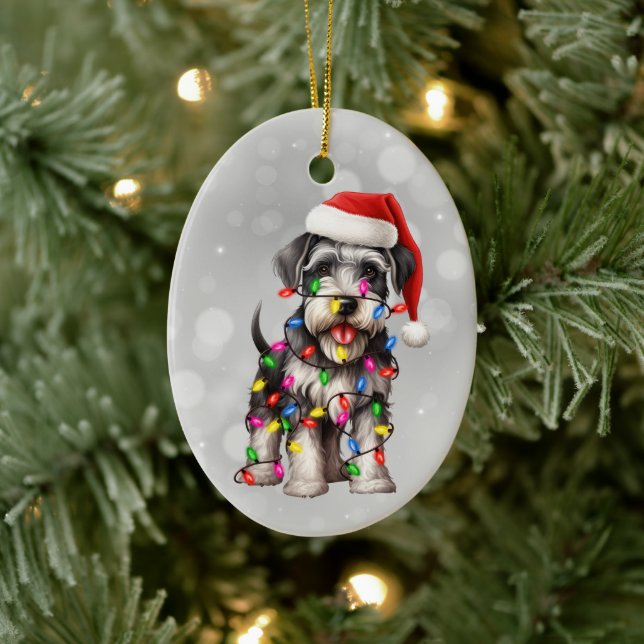 Ornamento De Cerâmica Miniatura Schnauzer Embalada em Luzes de Natal (Árvore)
