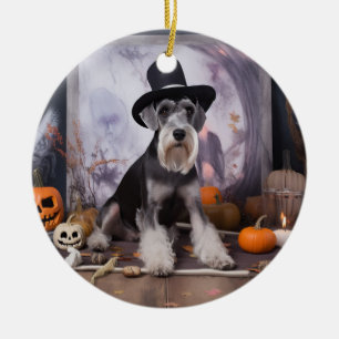 Ornamento De Cerâmica Miniatura Schnauzer Pumpkins Halloween Assustado
