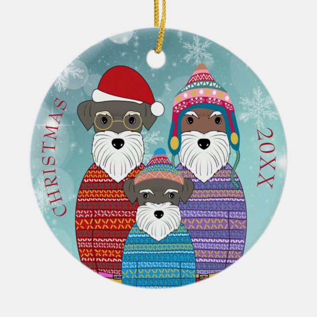 Ornamento De Cerâmica Miniatura Schnauzers Retrato da Família de Natal P (Frente)