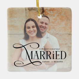 Ornamento De Cerâmica Minimal First Christmas Married Couples 2 Photos