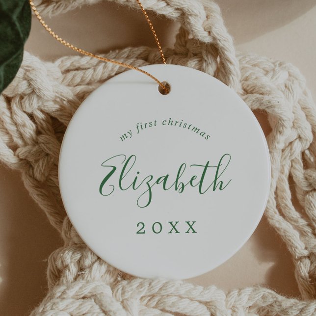 Ornamento De Cerâmica Minimal Green Baby's First Christmas Newborn Photo (Criador carregado)