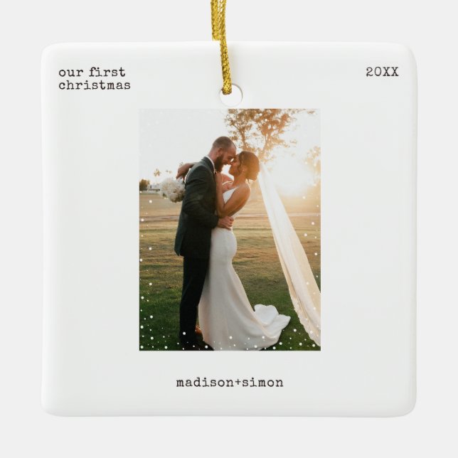 Ornamento De Cerâmica Minimal Photo Ornament Merry & Married Photo (Frente)