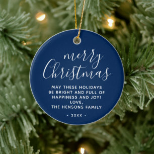 Ornamento De Cerâmica Mínimo Azul Branco Deseja Feliz Natal Script