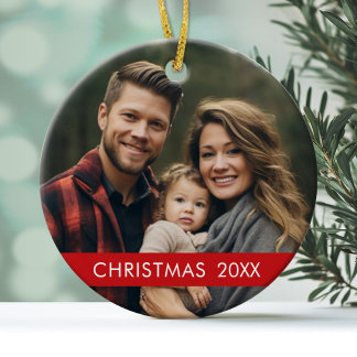 Ornamento De Cerâmica Mínimo de Foto de Natal com Vermelho Trendy