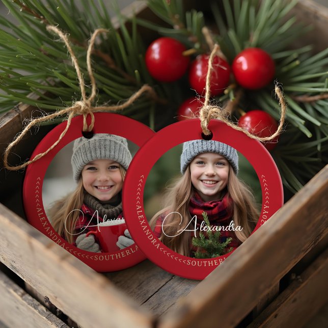 Ornamento De Cerâmica Mínimo Elegante Duas Colagens Fotográficas Mantend (Minimal Elegant Two Photo Collage Keepsake Red Ceramic Ornament)