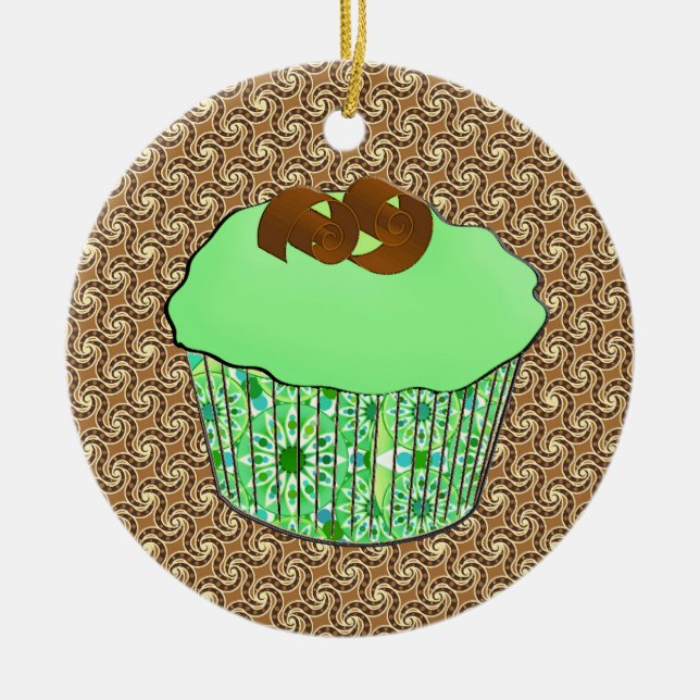Ornamento De Cerâmica Mint Frosted Chocolate Cupcake, Fractal Background (Frente)