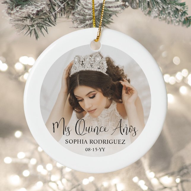 Ornamento De Cerâmica Mis Quince Años Modern Script Quinceañera 2 Photo (Criador carregado)