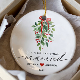 Ornamento De Cerâmica Mistletoé Casado Primeiro Natal