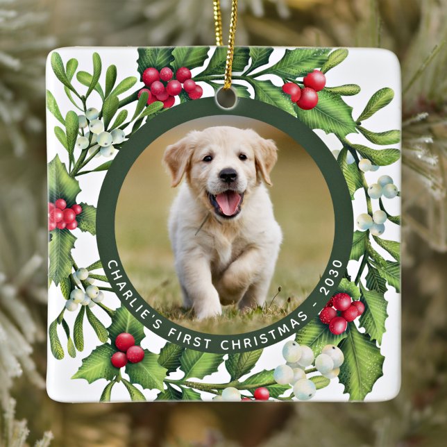 Ornamento De Cerâmica Mistletoy Wreath Custom Puppy Dog Photo (Criador carregado)