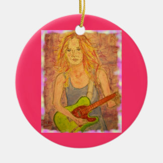 Ornamento De Cerâmica moça do rock popular tocando bordas coloridas elét