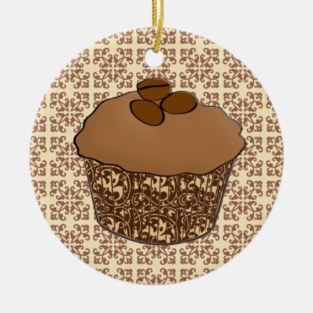 Ornamento De Cerâmica Mocha / Coffee Frosted Cupcake, Lace Background (Frente)