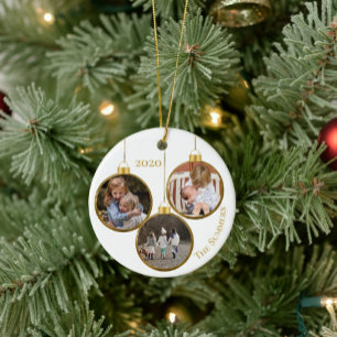 Ornamento De Cerâmica Modelo da família de fotos personalizada Dourada 