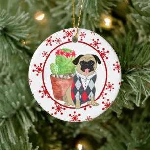 Ornamento De Cerâmica Modelo de Floco de Neve Vermelho Pug e Cactus