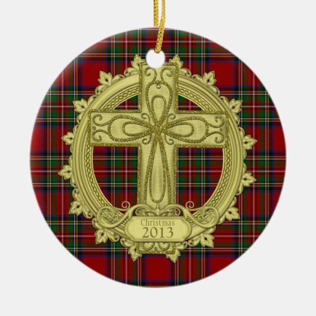 Ornamento De Cerâmica Modelo de Foto de Natal Cruzado Céltico de Tartan (Frente)
