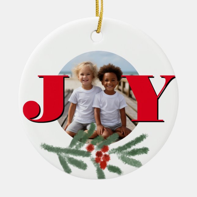 Ornamento De Cerâmica modelo de foto de Natal personalize JOY Holly (Frente)