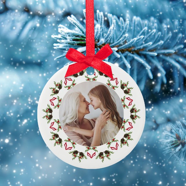 Ornamento De Cerâmica Modelo de Foto do Red Green Christmas Wreath (Christmas greenery, pine cones, and holly berries mandala photo ceramic ornament. )
