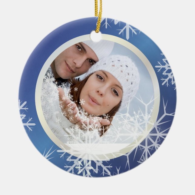 Ornamento De Cerâmica Modelo de Foto PixDezines Snowflakes Branco + Azul (Frente)