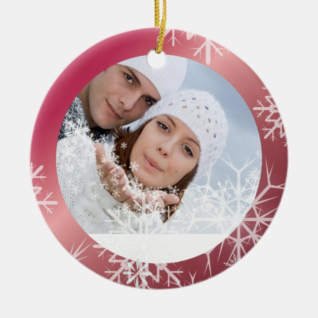 Ornamento De Cerâmica Modelo de Foto PixDezines Snowflakes Branco + Verm (Frente)
