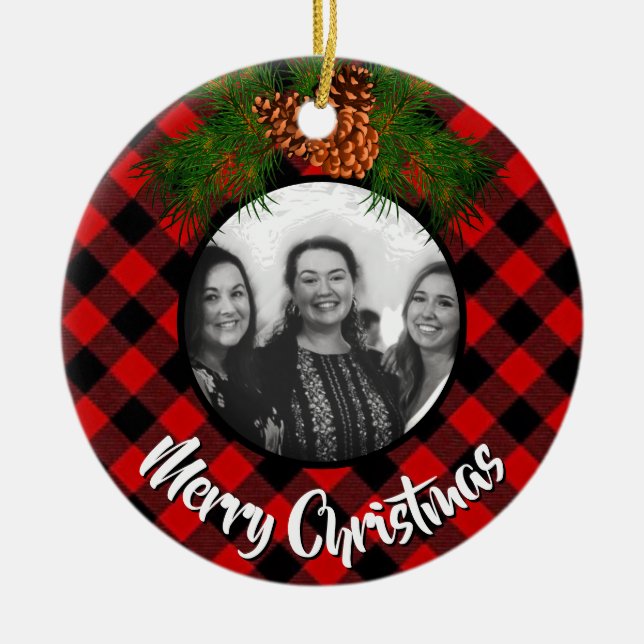 Ornamento De Cerâmica Modelo de fotografia de pinecone vermelha Elegante (Frente)