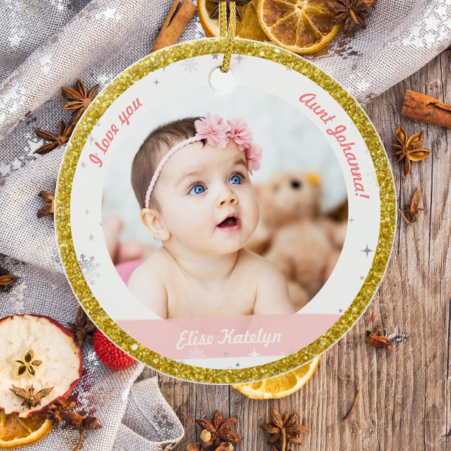Ornamento De Cerâmica Modern 2 Fotos Bebê Garota Primeira Tia de Natal (Modern Elegant Cute First Christmas Baby I love you Auntie 2 Photos Snowflakes Stars Golden Frame)